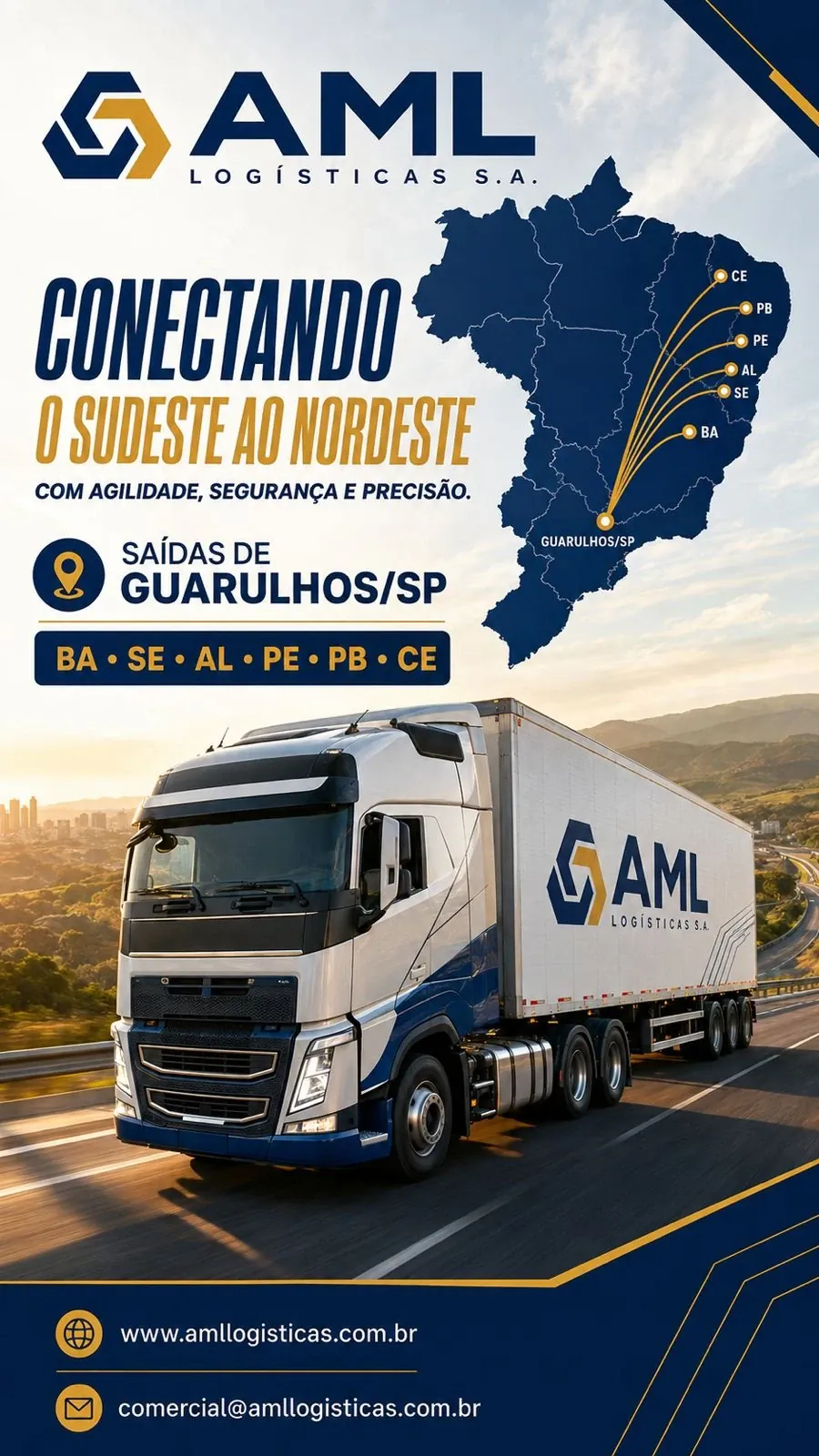 AML Logística conectando o Sudeste ao Nordeste, saídas de Guarulhos-SP para BA, SE, AL, PE, PB e CE