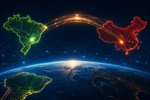 Mapa luminoso conectando Brasil e China pela logística AML