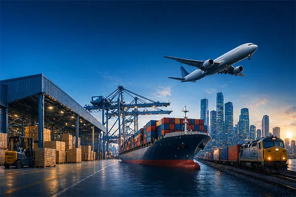 Porto, navio e avião representando parceria logística AML